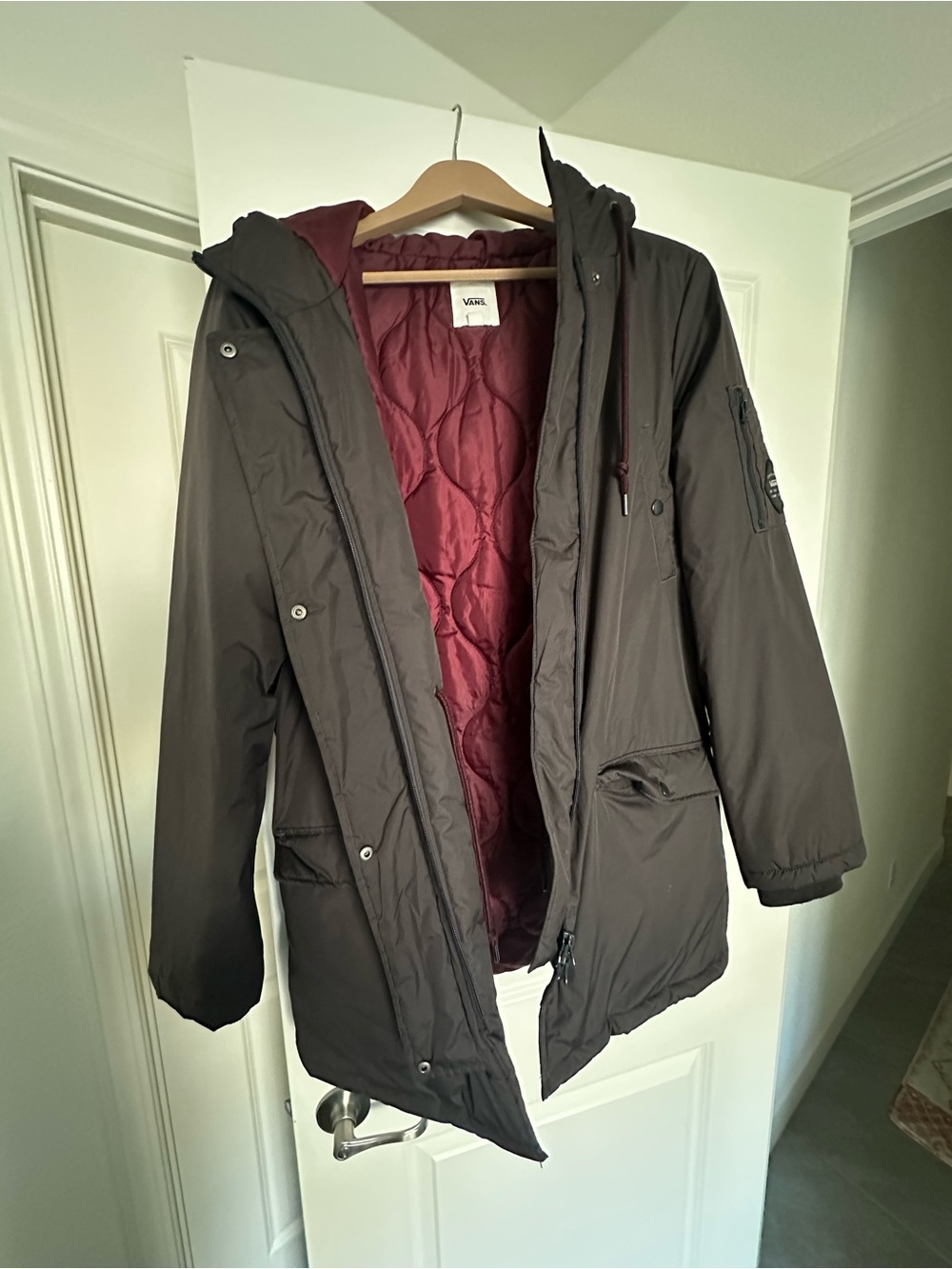 Vans Women's Gray Parka Jacket with Burgundy Lining